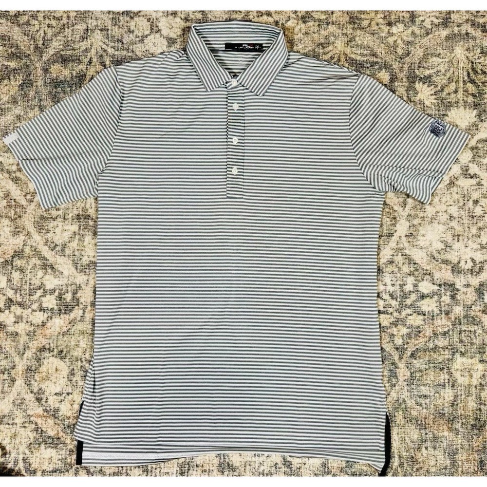 RLX Ralph Lauren Polo Shirt Mens Large Gray White Striped Performance B8